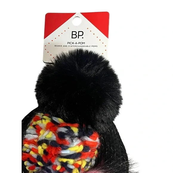 BP Pick A Pom Beanie Black Knit with Glitter and 3 Interchangeable Poms - Picture 2 of 2